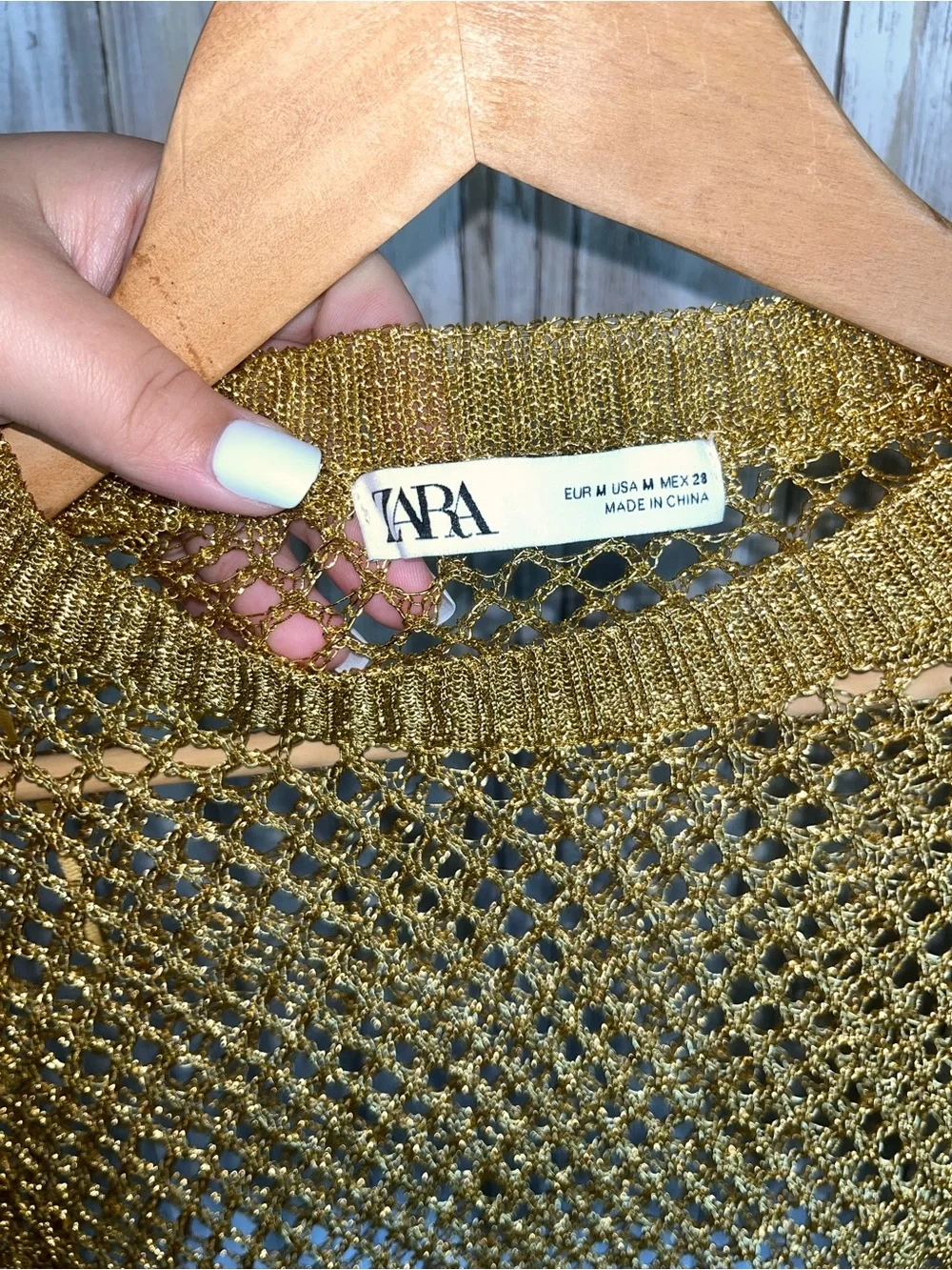Zara Gold Metallic Crochet Fishnet Crop Sweater Bell Sleeve Cover Up M